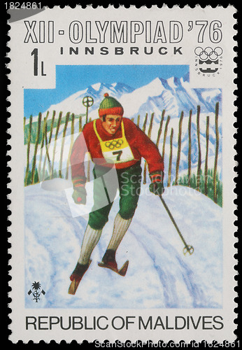 Image of Stamp printed by Maldives, shows Alpine skiing at the Winter Olympics in Innsbruck