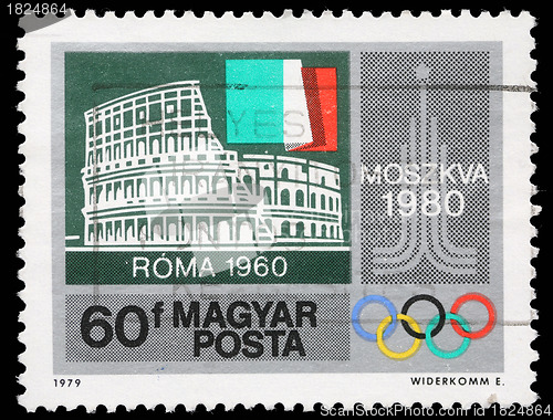 Image of Stamp printed by Hungary, shows Colosseum, Rome, Italian flag, Moscow Emblem