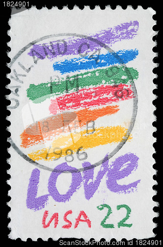 Image of Stamp printed in USA shows image of the dedicated to the Love