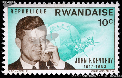 Image of Stamp printed by Rwanda, shows John Fitzgerald Kennedy