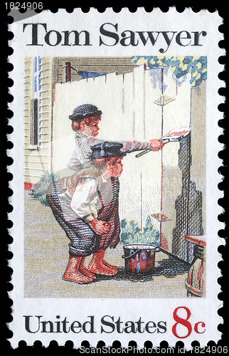 Image of Stamp printed in USA shows the painting Tom Sawyer