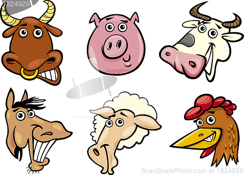 Image of Cartoon farm animals heads set