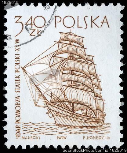 Image of Stamp printed in Poland shows a vintage ship
