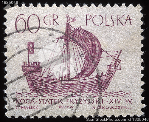 Image of Stamp printed in Poland shows a vintage ship