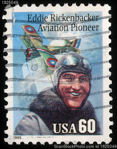 Image of Stamp printed in USA shows portrait of Aviation pioneer Eddie Rickenbecker