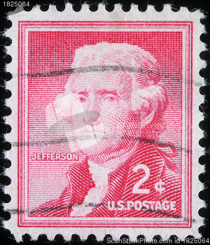 Image of Stamp printed in the United States of America shows Thomas Jefferson