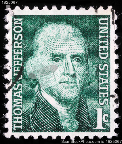 Image of Stamp shows image portrait Thomas Jefferson