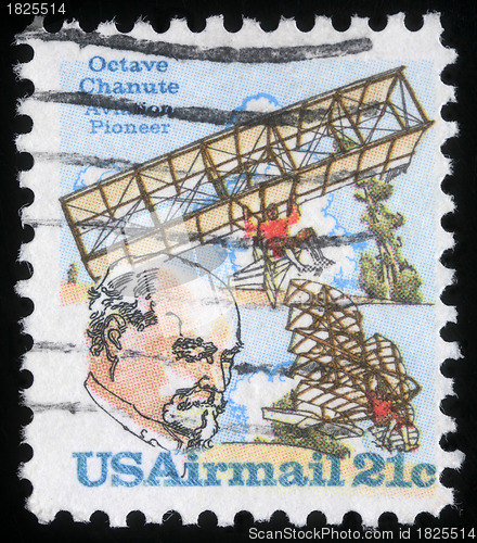 Image of Stamp printed in the United States of America shows Octave Chanute, pioneer of aviation