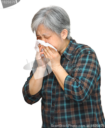 Image of sneezing mature asian woman