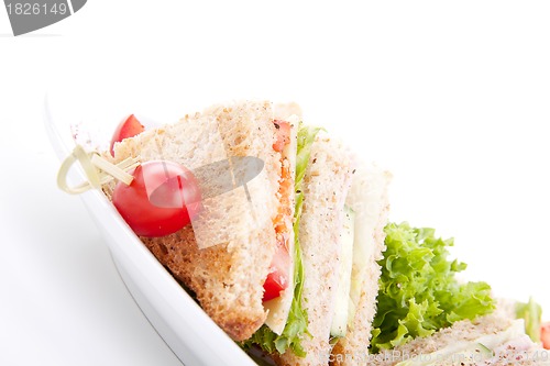 Image of fresh tasty club sandwich with salad and toast isolated