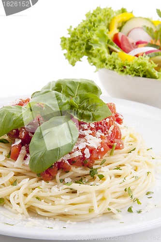 Image of tatsty fresh spaghetti with tomato sauce and parmesan isolated