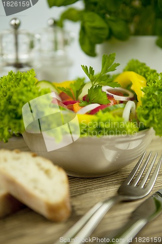 Image of fresh tasty healthy mixed salad and bread on table