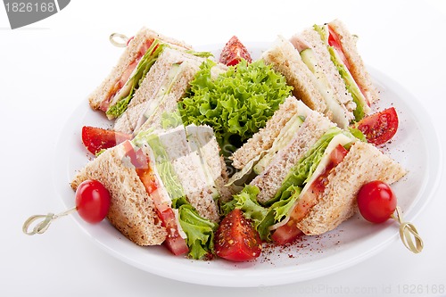 Image of fresh tasty club sandwich with salad and toast isolated