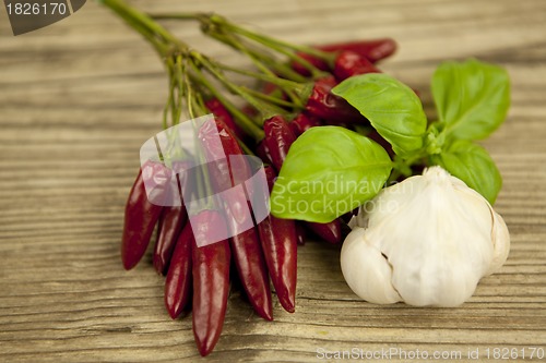 Image of red hot chilli pepper with basil and garlic on table