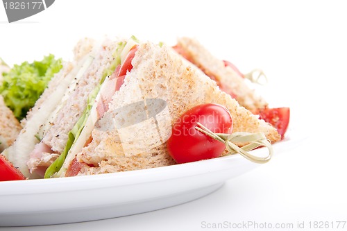 Image of fresh tasty club sandwich with salad and toast isolated