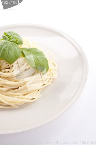 Image of fresh delicious pasta with basil isolated on white