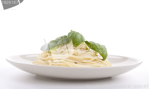 Image of fresh delicious pasta with basil isolated on white