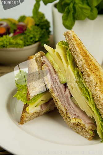 Image of fresh tasty club sandwich with cheese and ham on table