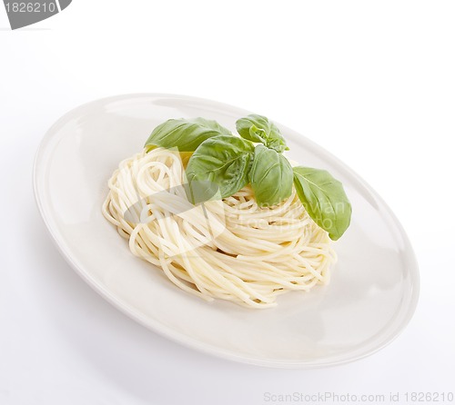 Image of fresh delicious pasta with basil isolated on white