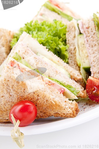 Image of fresh tasty club sandwich with salad and toast isolated