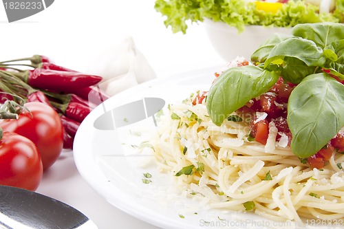 Image of tatsty fresh spaghetti with tomato sauce and parmesan isolated