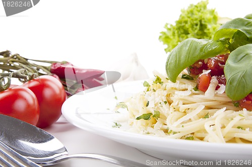 Image of tatsty fresh spaghetti with tomato sauce and parmesan isolated