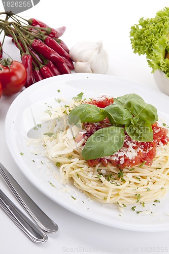 Image of tatsty fresh spaghetti with tomato sauce and parmesan isolated