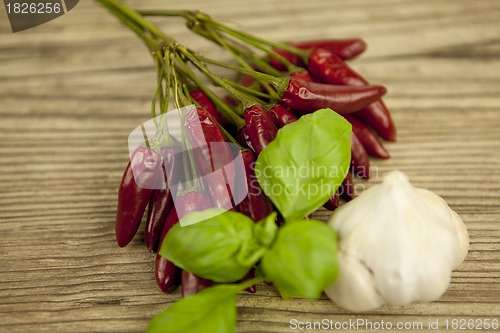 Image of red hot chilli pepper with basil and garlic on table