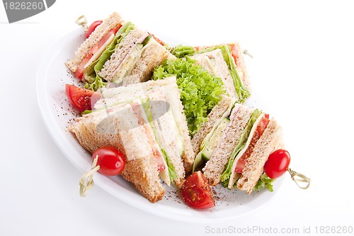 Image of fresh tasty club sandwich with salad and toast isolated