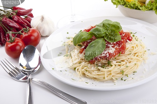 Image of tatsty fresh spaghetti with tomato sauce and parmesan isolated