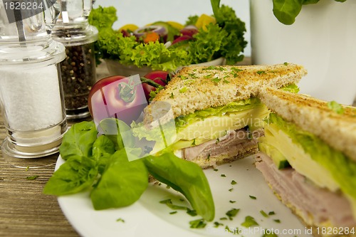 Image of fresh tasty club sandwich with cheese and ham on table