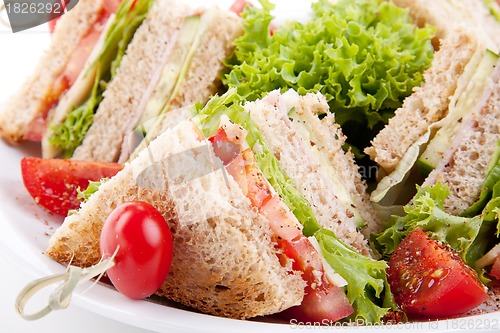 Image of fresh tasty club sandwich with salad and toast isolated