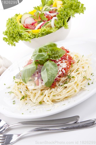 Image of tatsty fresh spaghetti with tomato sauce and parmesan isolated