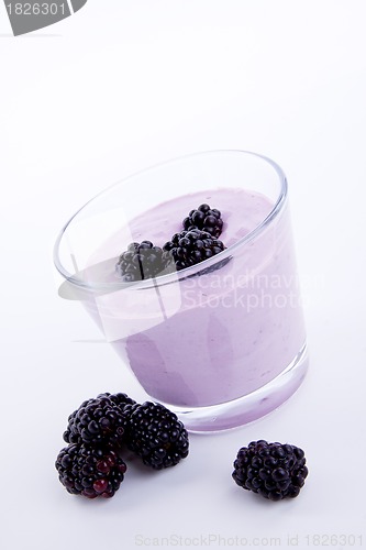 Image of fresh tasty blackberry yoghurt shake dessert isolated