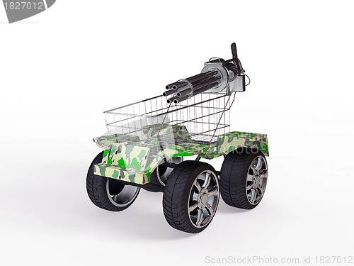 Image of shopping basket with big wheels on a white background
