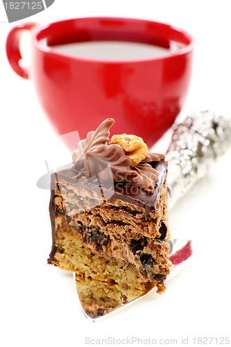 Image of Piece of chocolate cake and a cup of tea.