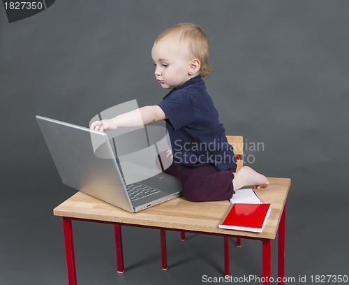 Image of baby with laptop computer in grey background