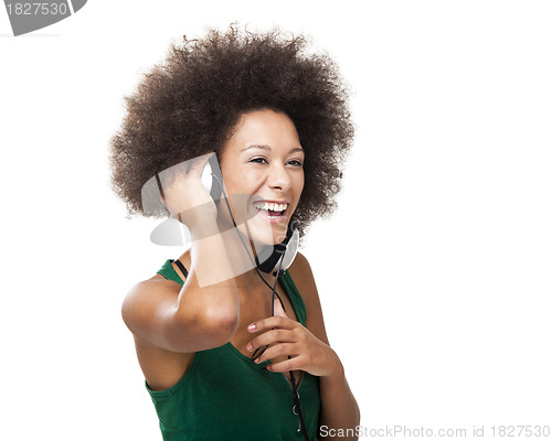 Image of Happy woman listen music
