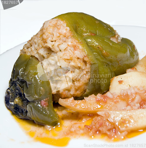 Image of Greek stuffed green pepper photographed  Milos Greece