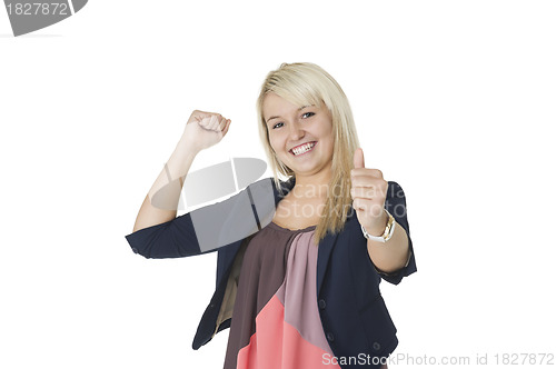 Image of Elated woman giving a thumbs up