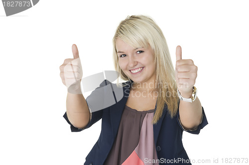 Image of Motivated woman giving double thumbs up