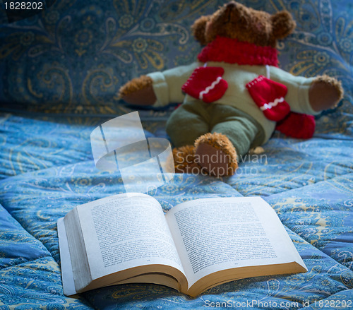 Image of Paperback book open on bed with teddy bear