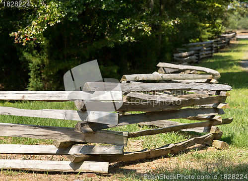 Image of Split rail fence by edge of forest