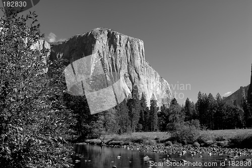 Image of Black and white image of El Capitan and the Merced River