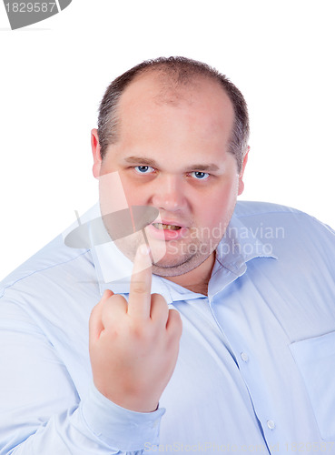 Image of Fat Man in a Blue Shirt, Showing Obscene Gestures