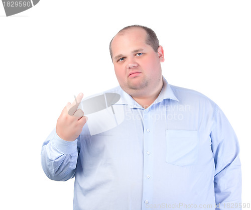 Image of Fat Man in a Blue Shirt, Showing Obscene Gestures