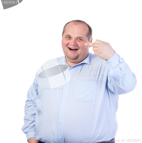 Image of Fat Man in a Blue Shirt, Showing Obscene Gestures