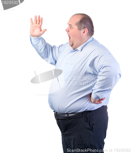 Image of Fat Man in a Blue Shirt, Shouting