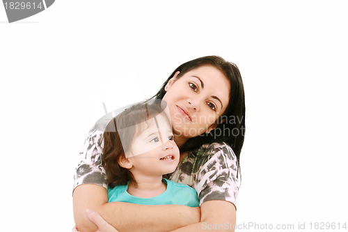 Image of A portrait of a mother and her baby girl  smiling over white bac