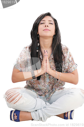 Image of caucasian woman relaxing yoga isolated studio on white backgroun